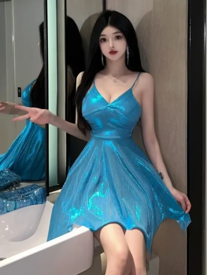 V-neck Sleeveless Shiny Blue Dress - Image 3