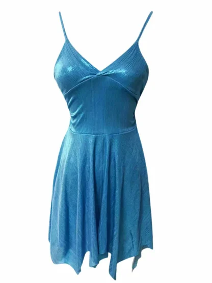 V-neck Sleeveless Shiny Blue Dress - Image 6