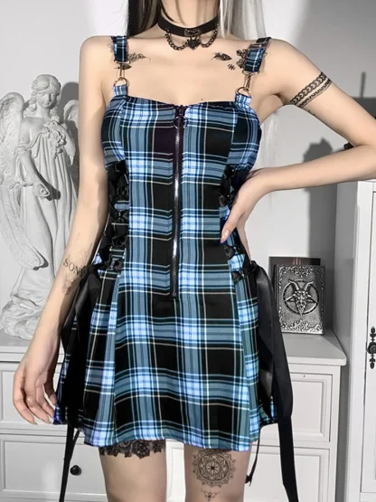 Zippered Plaid Mini Blue Dresses - Image 3