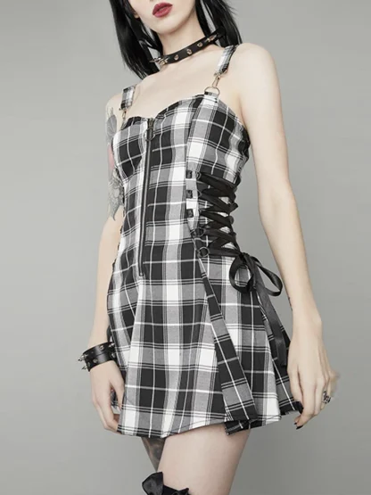Zippered Plaid Mini Blue Dresses - Image 5