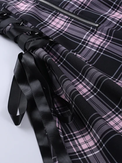 Zippered Plaid Mini Blue Dresses - Image 7