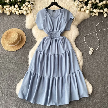 Smocked Waist Solid Blue Dresses - Image 6