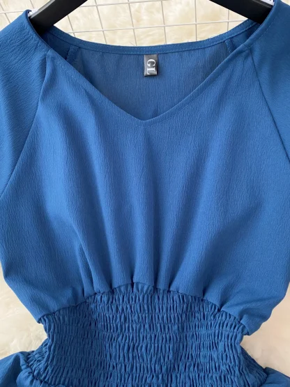 Smocked Waist Solid Blue Dresses - Image 2