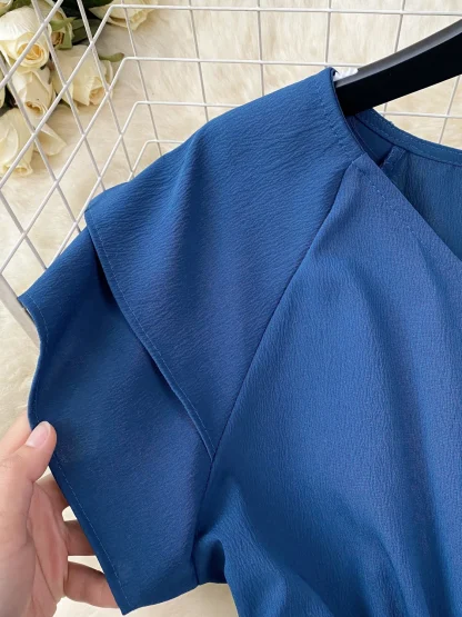 Smocked Waist Solid Blue Dresses - Image 3