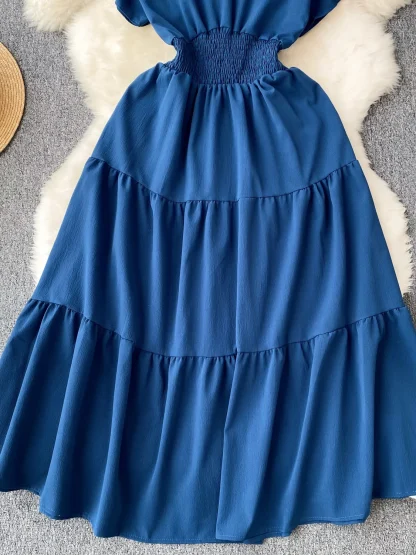 Smocked Waist Solid Blue Dresses - Image 4