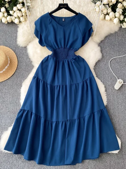 Smocked Waist Solid Blue Dresses