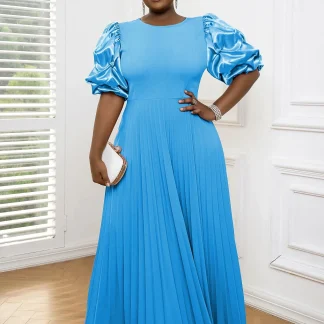 Puff Sleeve Pleated Maxi Blue Dress