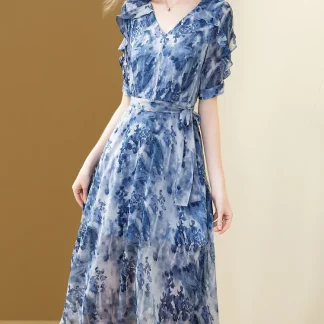 Elegant Flowy Printed Blue Dress
