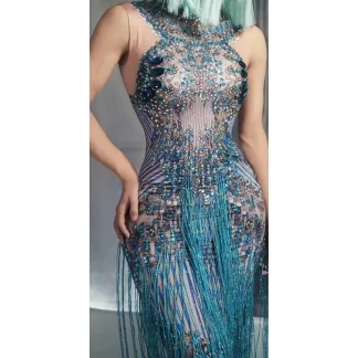 Rhinestone-like Tassel Blue Dress