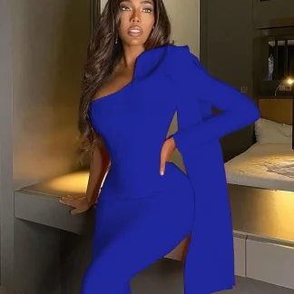 One-shoulder Bowknot Blue Dresses