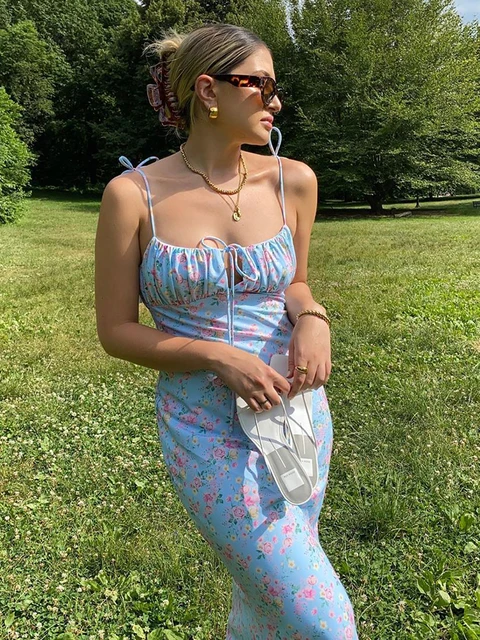Floral Tie Up Long Blue Dress | Free Shipping!