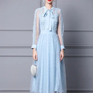 Elegant Bow Collar Blue Dress