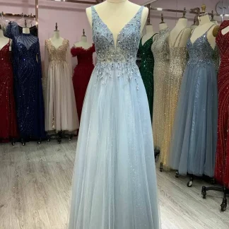 Elegant Sequins Prom Blue Dress