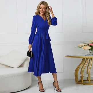 V-neck Pleated Midi Blue Dresses